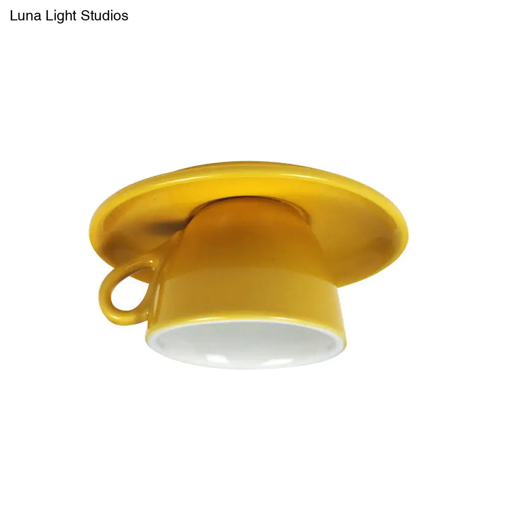 Macaron Led Flush Mount Ceiling Light In Pink/Blue/Yellow Ceramic Finish For Coffee Lovers