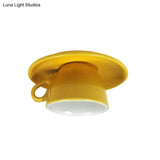 Macaron Led Flush Mount Ceiling Light In Pink/Blue/Yellow Ceramic Finish For Coffee Lovers
