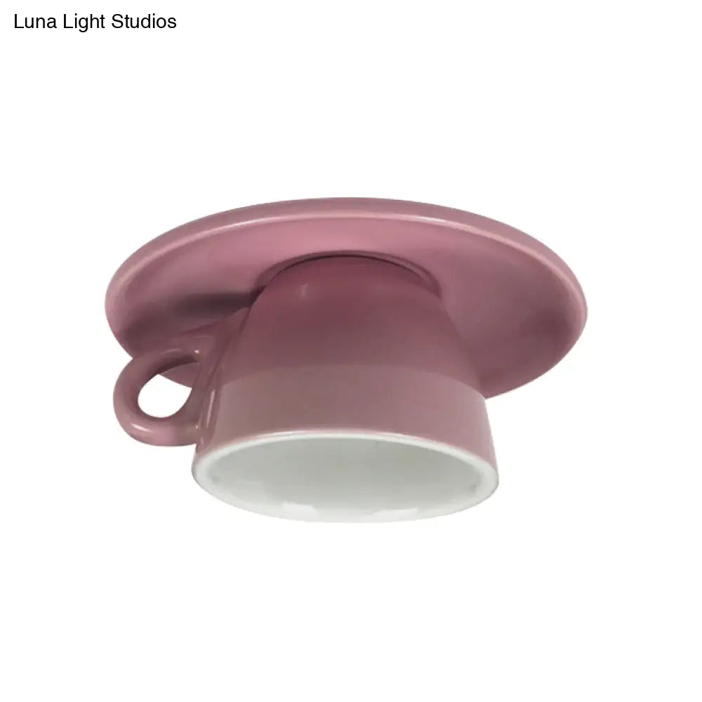 Macaron Led Flush Mount Ceiling Light In Pink/Blue/Yellow Ceramic Finish For Coffee Lovers