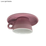 Macaron Led Flush Mount Ceiling Light In Pink/Blue/Yellow Ceramic Finish For Coffee Lovers