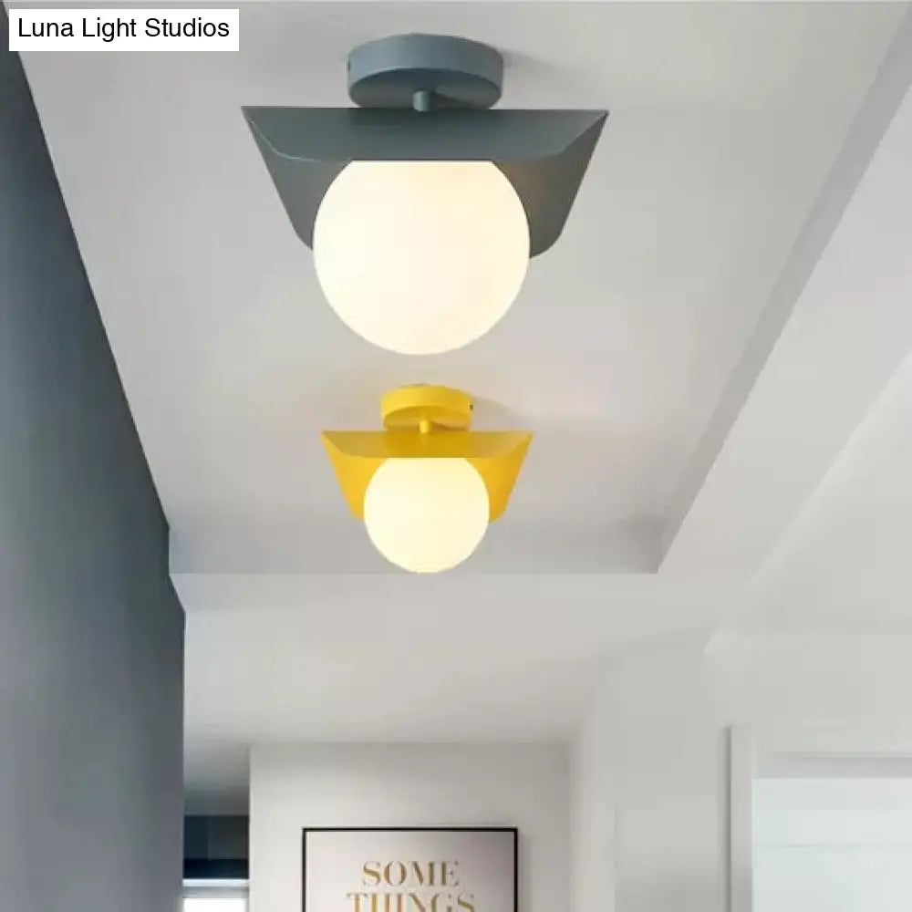Macaron Loft Flush Mount Light: Orb Shade Frosted Glass 1-Bulb Ceiling Fixture For Hallway