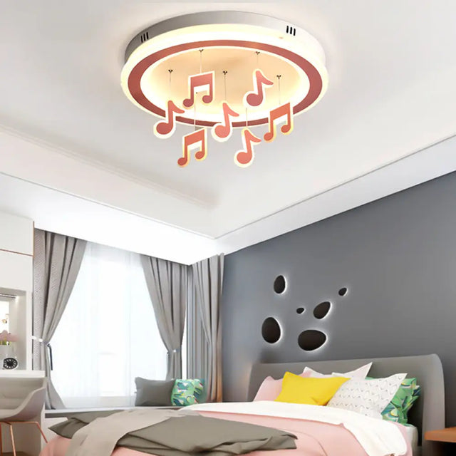 Macaron Loft Pink Theme Park Flush Mount Ceiling Light With Musical Note Design