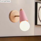 Macaron Loft Sweet Cone Wall Light - Metal/Wood Backplate Rotatable Single Blue/Green/Pink Corridor