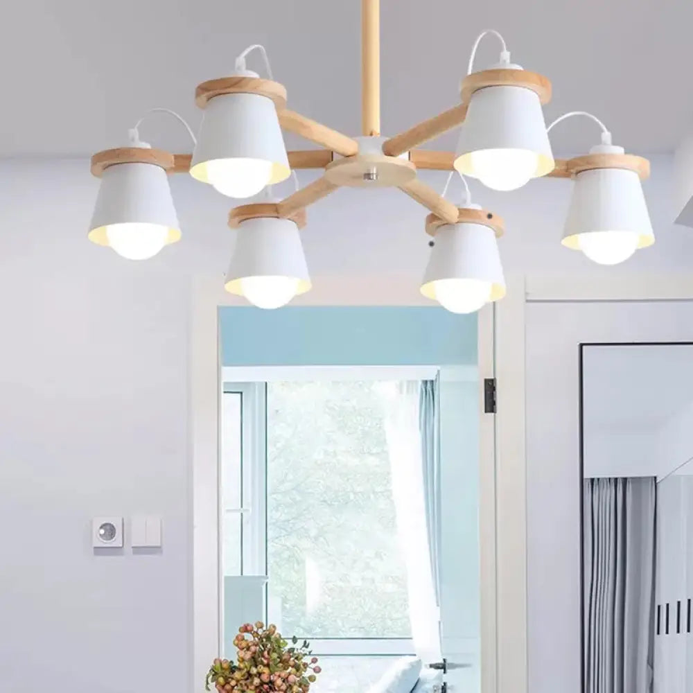 Macaron Metal Chandelier With 6 Bucket Shades Pendant Lighting For Kindergarten White