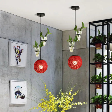 Macaron Rattan Globe Pendant Light With Plant Pot - Beige/Red/Pink Red