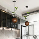 Macaron Rattan Globe Pendant Light With Plant Pot - Beige/Red/Pink Brown