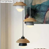 Macaron Single Pink/Grey/Green Wood Pendant Lamp Kit - 2-Shade Iron Hanging Fixture