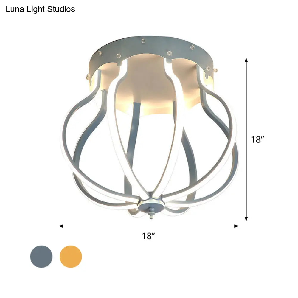 Macaron Style Aluminum Led Ceiling Light - Yellow/Blue Pear Cage Semi Flush Mount For Bedroom