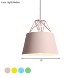 Macaron Style Cage Pendant Light With Metallic Bucket Shade For Restaurants - 1 Head Hanging Lamp
