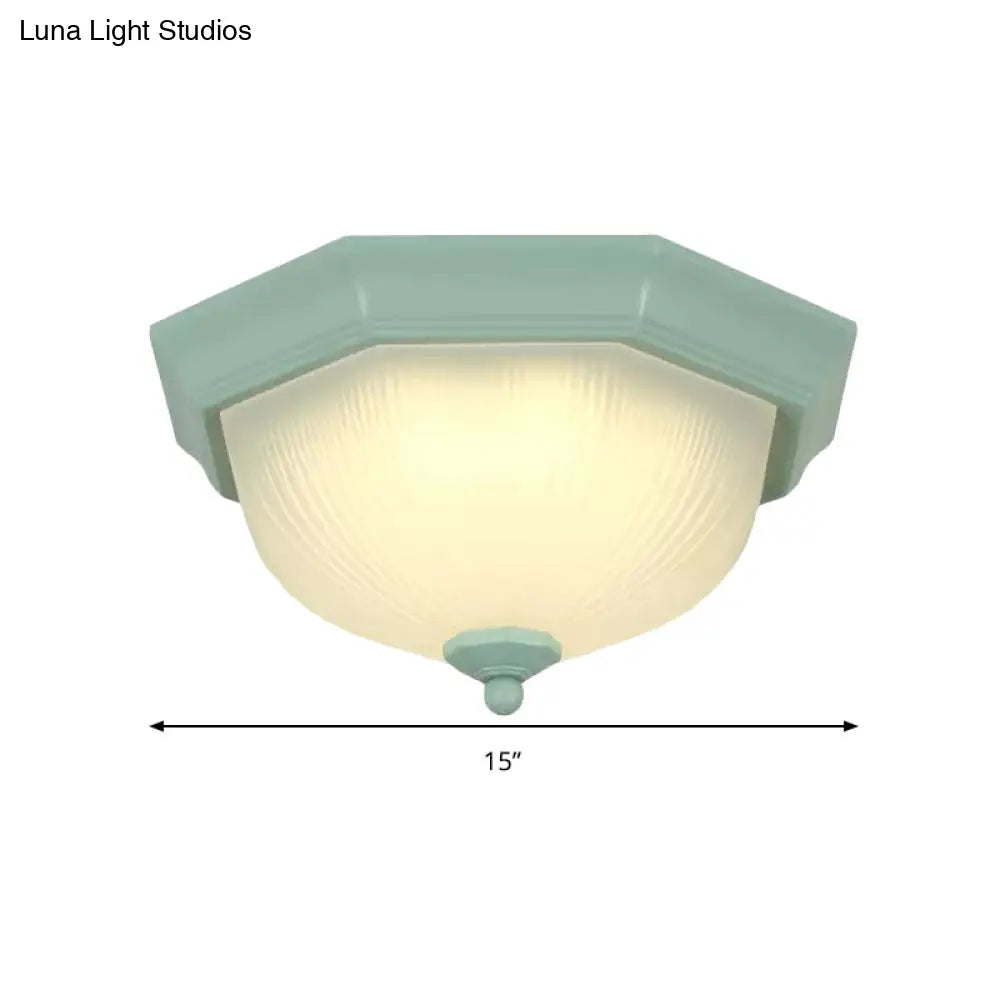 Macaron Style Flush Ceiling Light With Ridge Glass Dome Shape - Ideal For Balcony