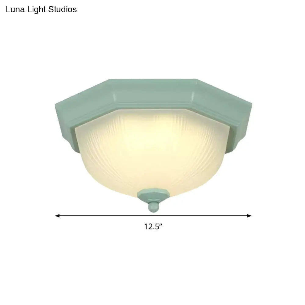 Macaron Style Flush Ceiling Light With Ridge Glass Dome Shape - Ideal For Balcony