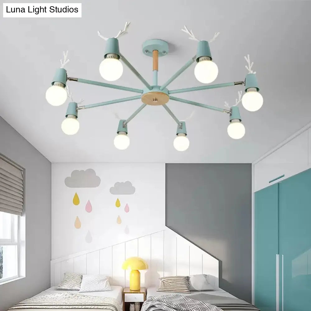 Macaron Sweet Cone Game Room Chandelier - Metal 8-Light Hanging Light With Antlers