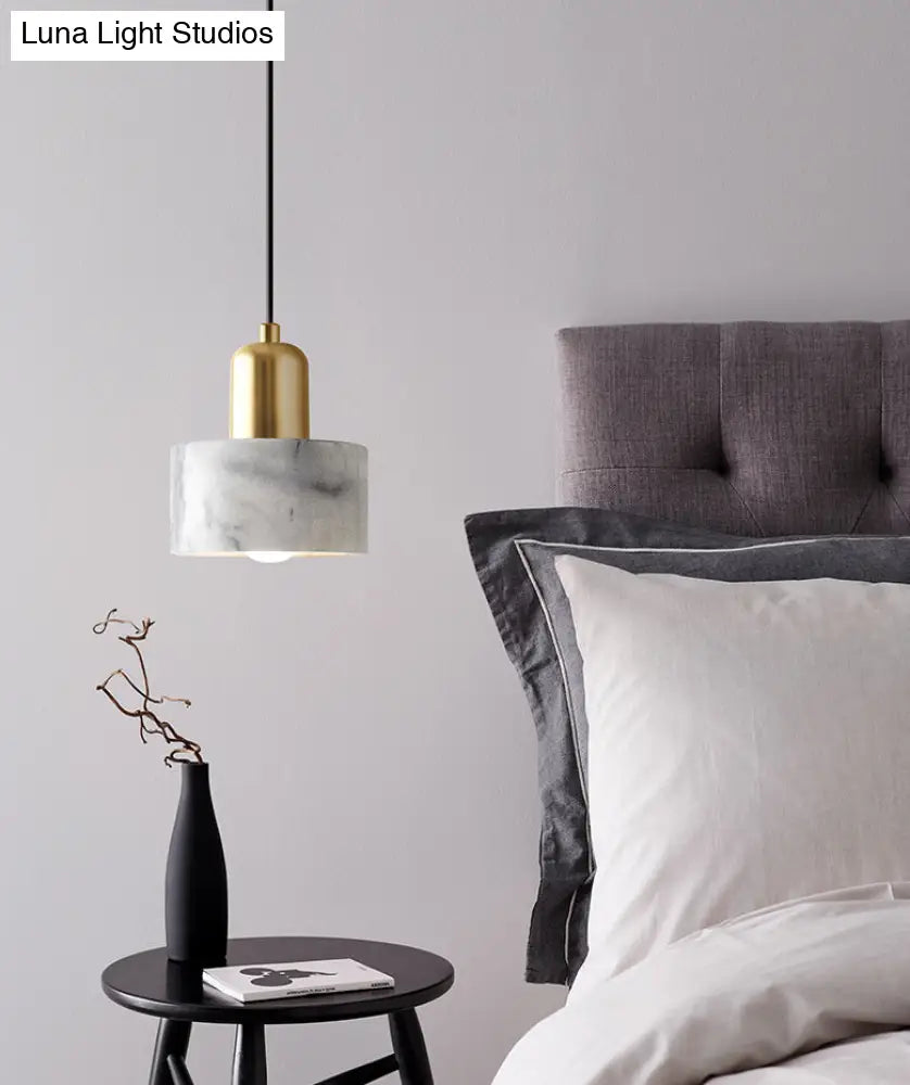 Marble Hanging Light With Gold Lamp Socket - Modern Mini Pendant For Bedroom