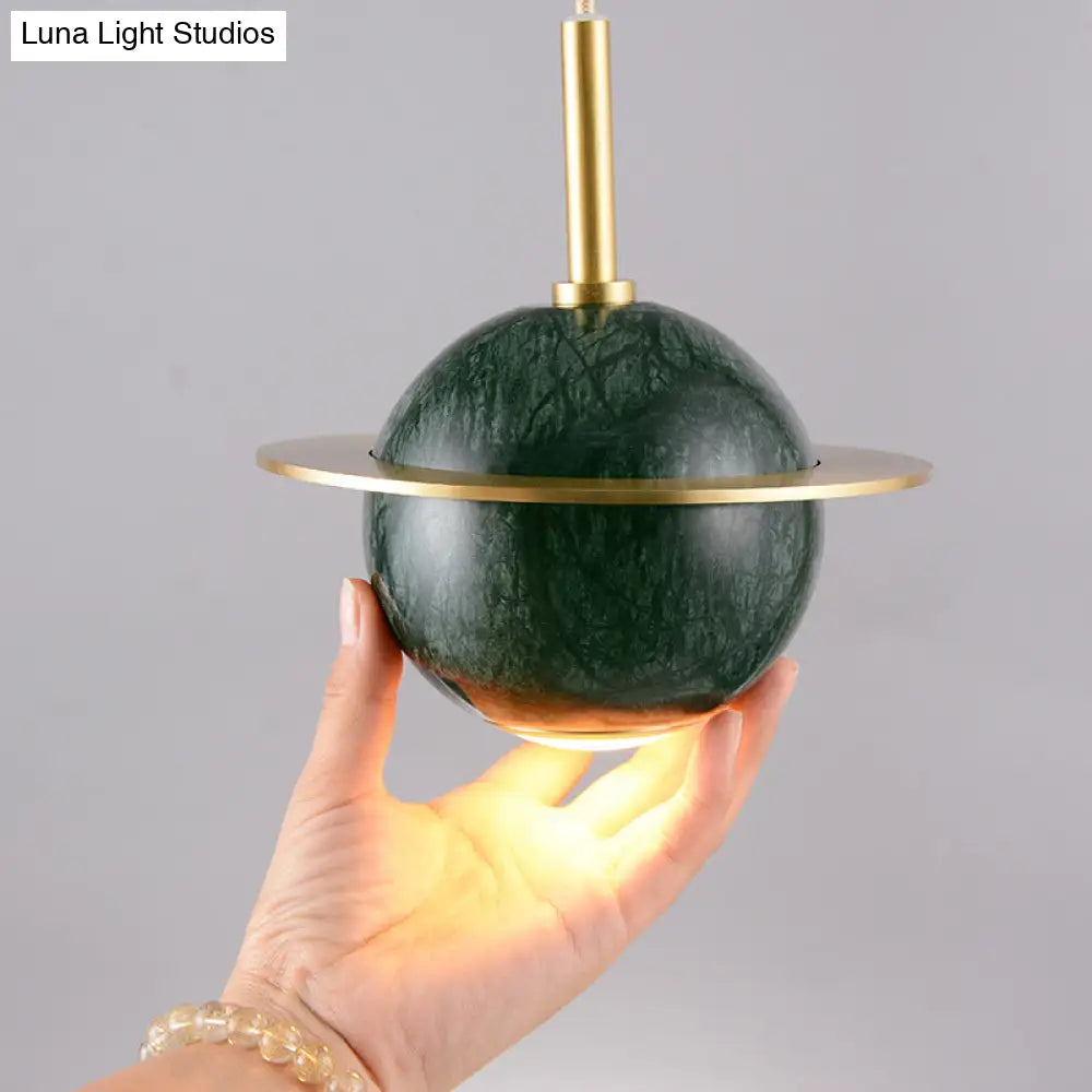 Marble Restaurant Pendant Lamp - Designer Globe Hanging Light With Led Brass Ring