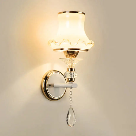 Matte White Glass Wall Sconce With Flared Mount And Gold Finish / Wavy