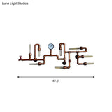 Maze Design Metal Wall Lighting With Steampunk Pressure Gauge - Bronze 8-Light Bathroom Sconce