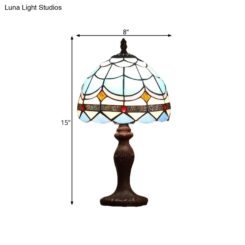 Mediterranean 1-Light Stained Glass Table Lamp With Wave-Pattern Dark Brown Nightstand Light