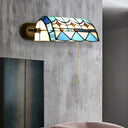 Mediterranean Banker Lamp: Stained Glass Wall Sconce W/ Pull Chain - Blue
