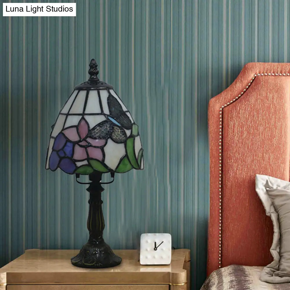 Mediterranean Beige/Pink Glass Bowl Night Lamp - Hand-Cut With Floral/Peacock Tail Patterns Table