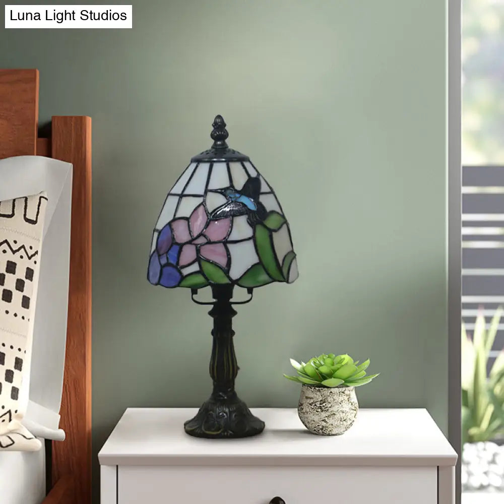Mediterranean Beige/Pink Glass Bowl Night Lamp - Hand-Cut With Floral/Peacock Tail Patterns Table