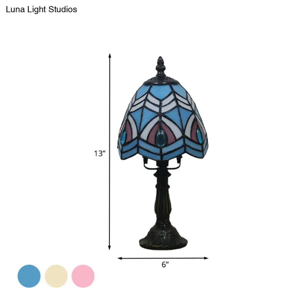 Mediterranean Beige/Pink Glass Bowl Night Lamp - Hand-Cut With Floral/Peacock Tail Patterns Table