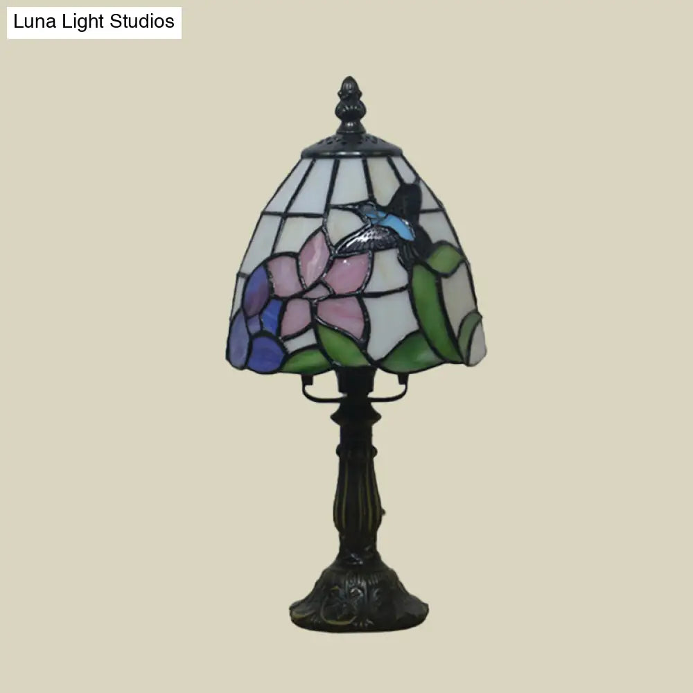 Mediterranean Beige/Pink Glass Bowl Night Lamp - Hand-Cut With Floral/Peacock Tail Patterns Table