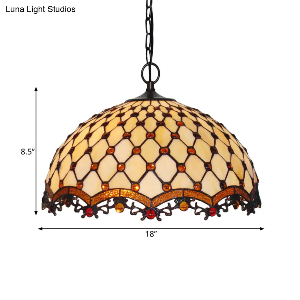 Mediterranean Beige Stained Glass Ceiling Lamp: Scalloped Design 1 Light Suspension Pendant For