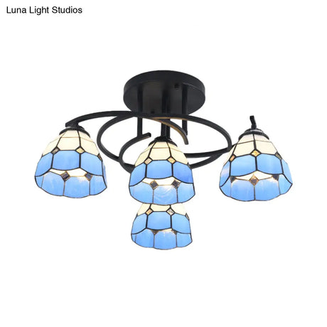 Mediterranean Black Bedroom Ceiling Lamp With Cone/Dome White/Beige/Blue Glass Shade - 4 Lights