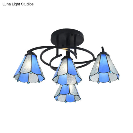 Mediterranean Black Bedroom Ceiling Lamp With Cone/Dome White/Beige/Blue Glass Shade - 4 Lights