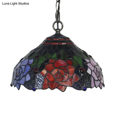 Mediterranean Black Blossom Down Lighting Pendant Light With Colorful Stained Glass - 1
