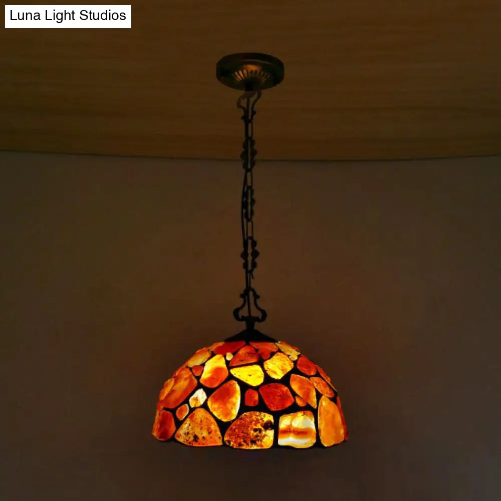 Mediterranean Black Stone Suspension Pendant - Sleek Dome Hanging Light With 1-Light Fixture