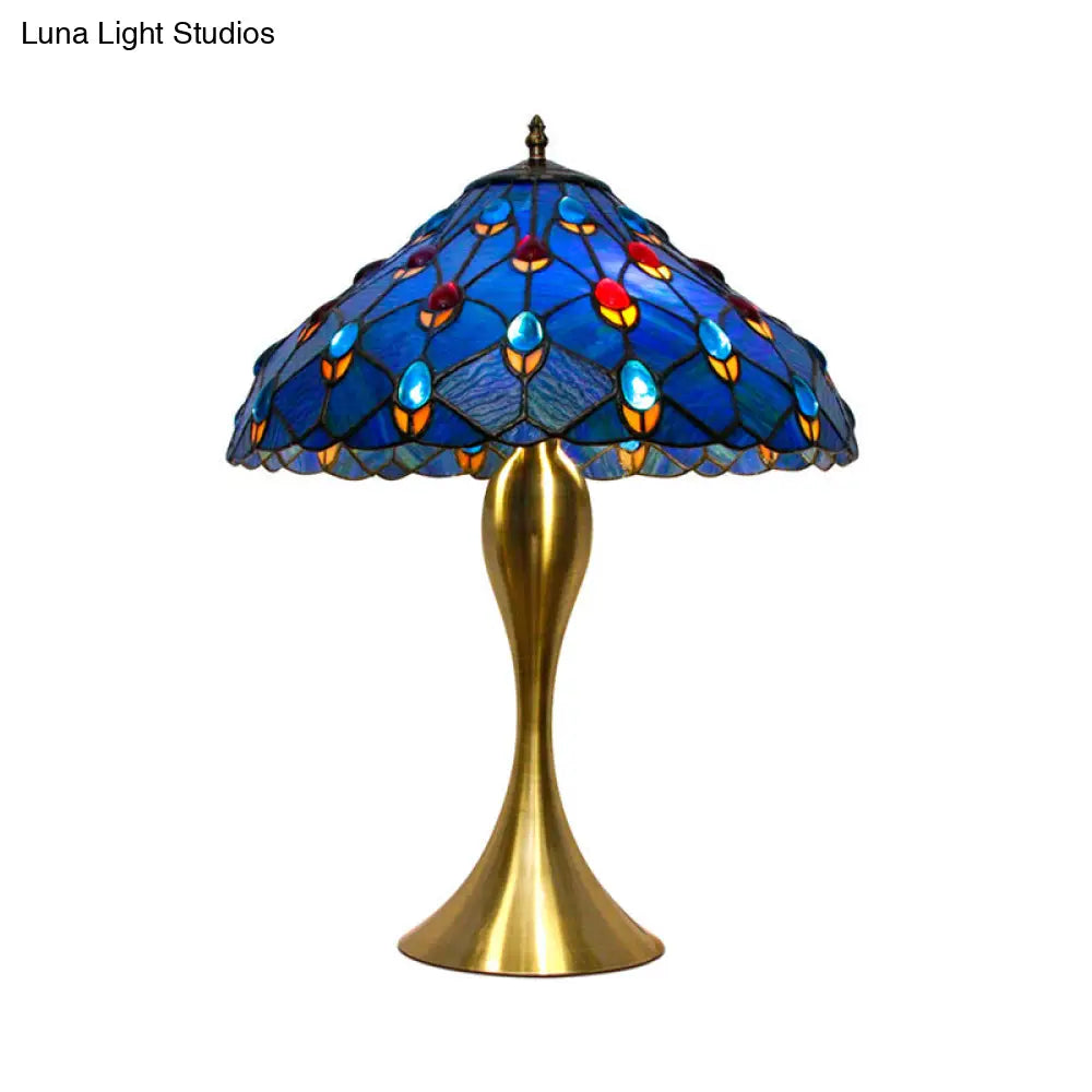 Mediterranean Blue Cone Nightstand Lamp With 1 Bulb: Hand-Cut Glass And Jewel Deco For Elegant Task