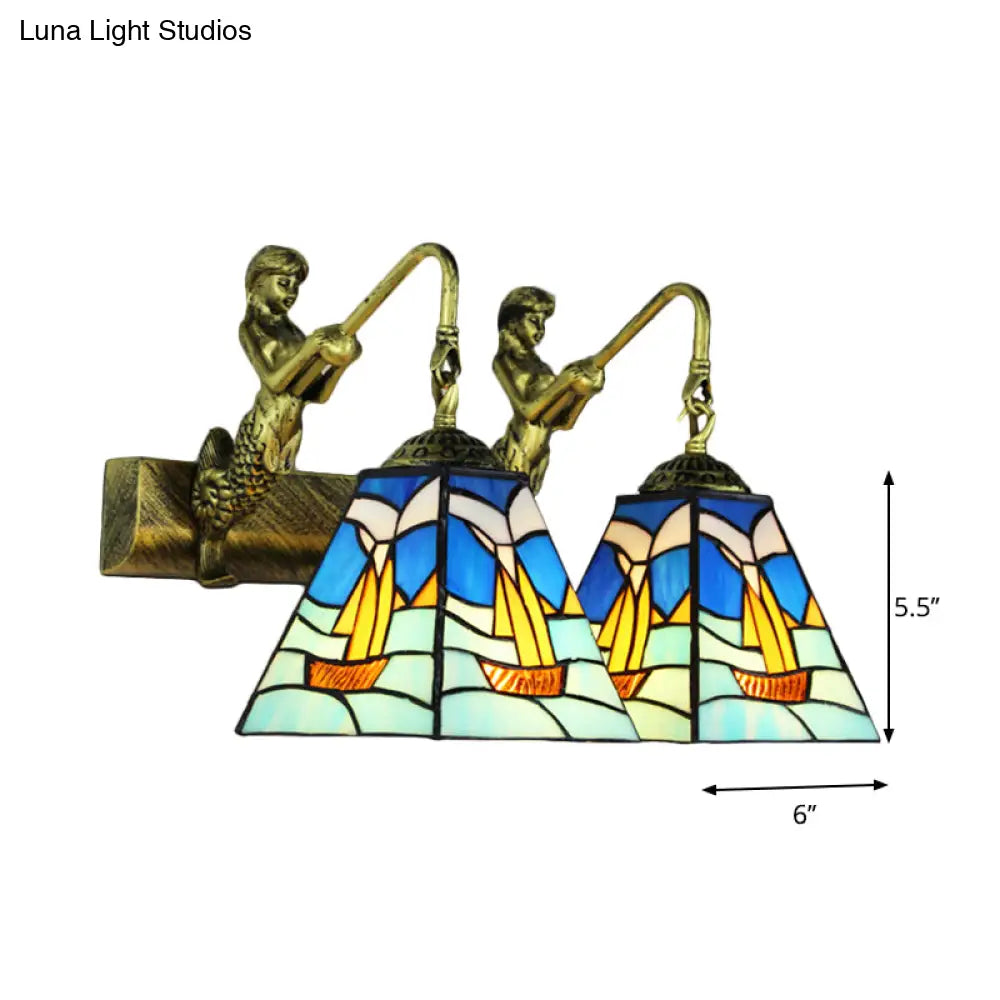 Mediterranean Blue Glass Sailboat Sconce Light - Antique Brass Wall Mounted Lighting With 2 Heads