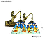 Mediterranean Blue Glass Sailboat Sconce Light - Antique Brass Wall Mounted Lighting With 2 Heads