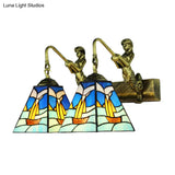 Mediterranean Blue Glass Sailboat Sconce Light - Antique Brass Wall Mounted Lighting With 2 Heads
