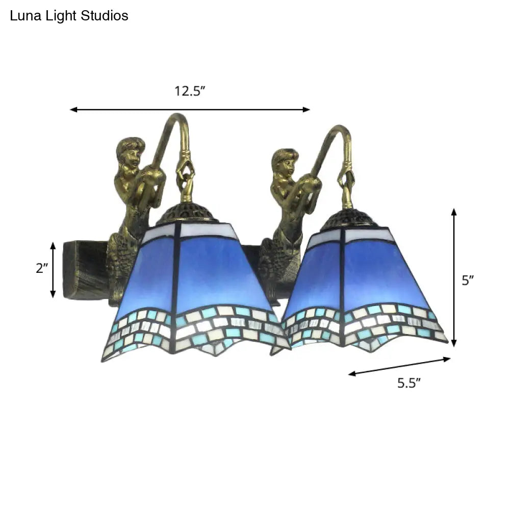 Mediterranean Blue Glass Wall Sconce Light With 2 Heads - Perfect For Bedroom Decor