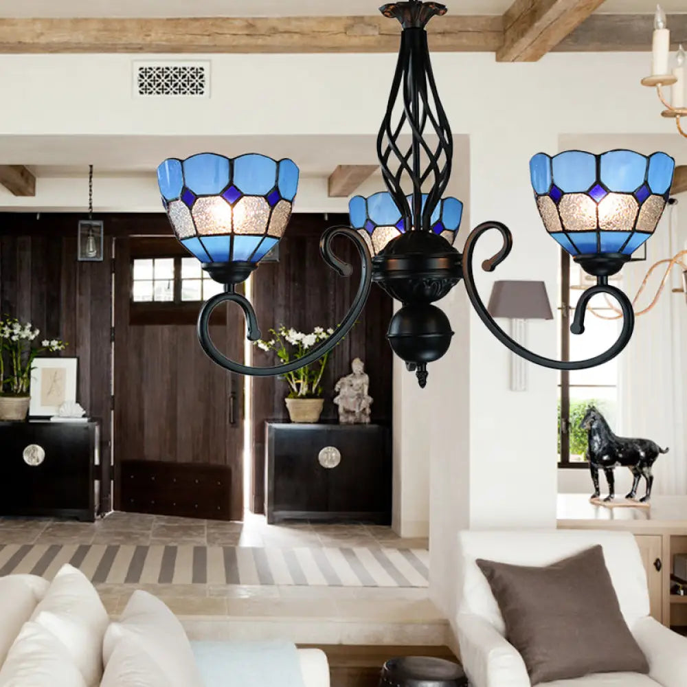 Mediterranean Bowl Pendant Light: Curved Arm Blue Glass 3 Lights - Foyer Chandelier