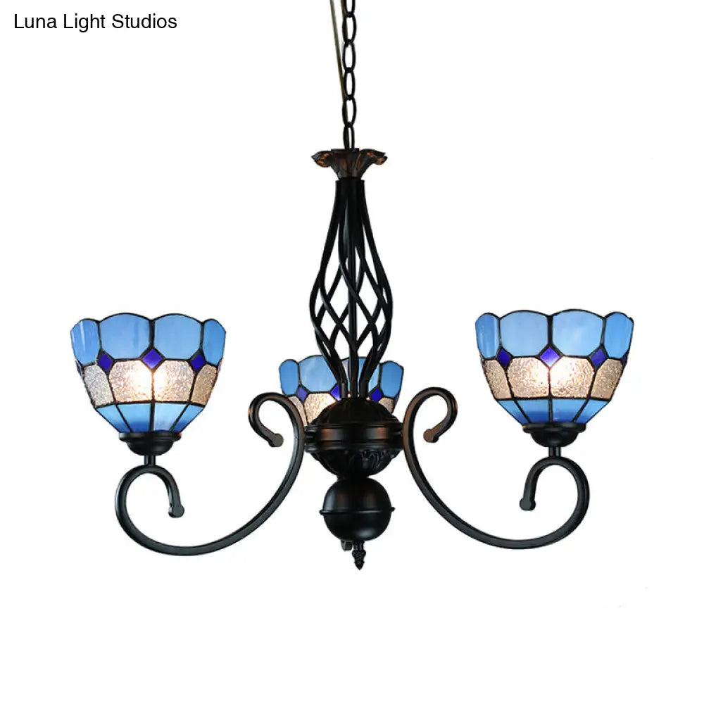 Mediterranean Bowl Pendant Light: Curved Arm Blue Glass 3 Lights - Foyer Chandelier