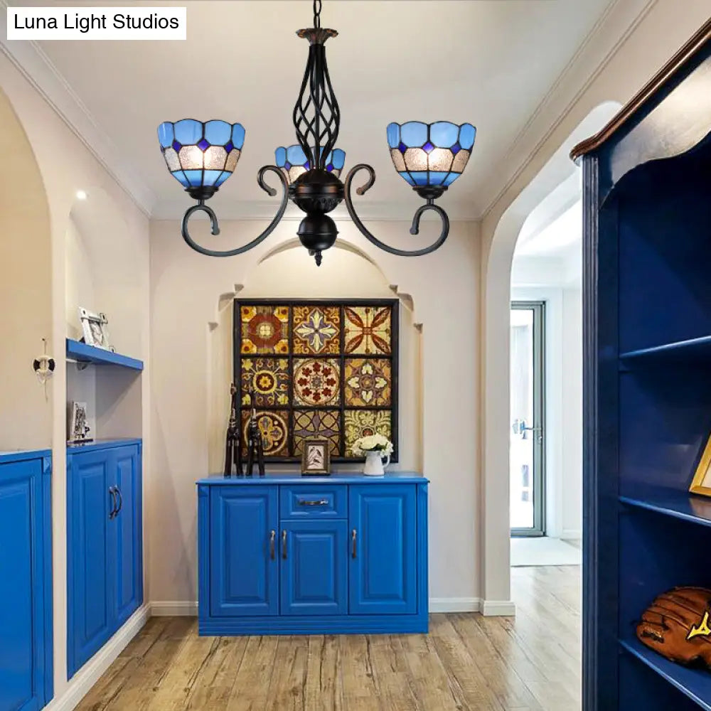 Mediterranean Bowl Pendant Light: Curved Arm Blue Glass 3 Lights - Foyer Chandelier
