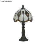 Mediterranean Bronze Domed Desk Lamp With Beige Glass And Rhombus Patterned Night Light