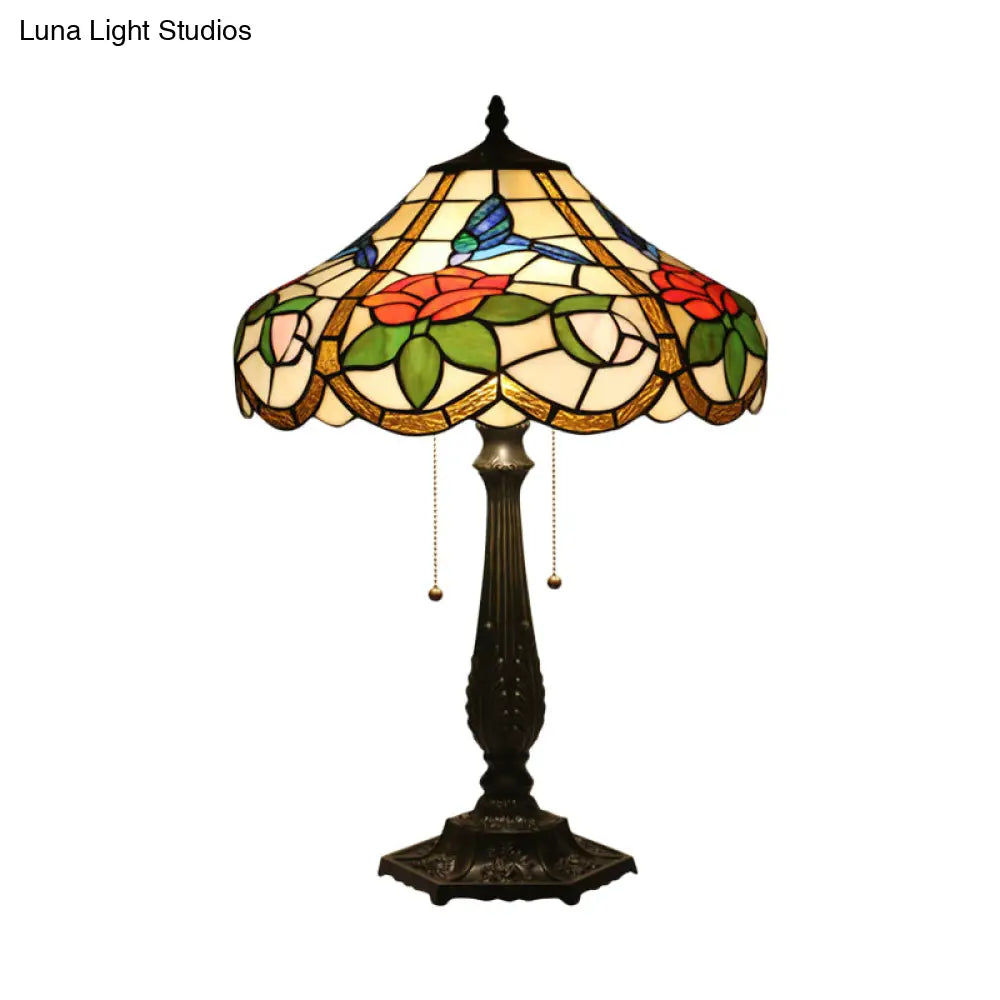 Mediterranean Bronze Petal Pattern Table Lamp With Pull Chain - 2 Bulb Bedroom Lighting