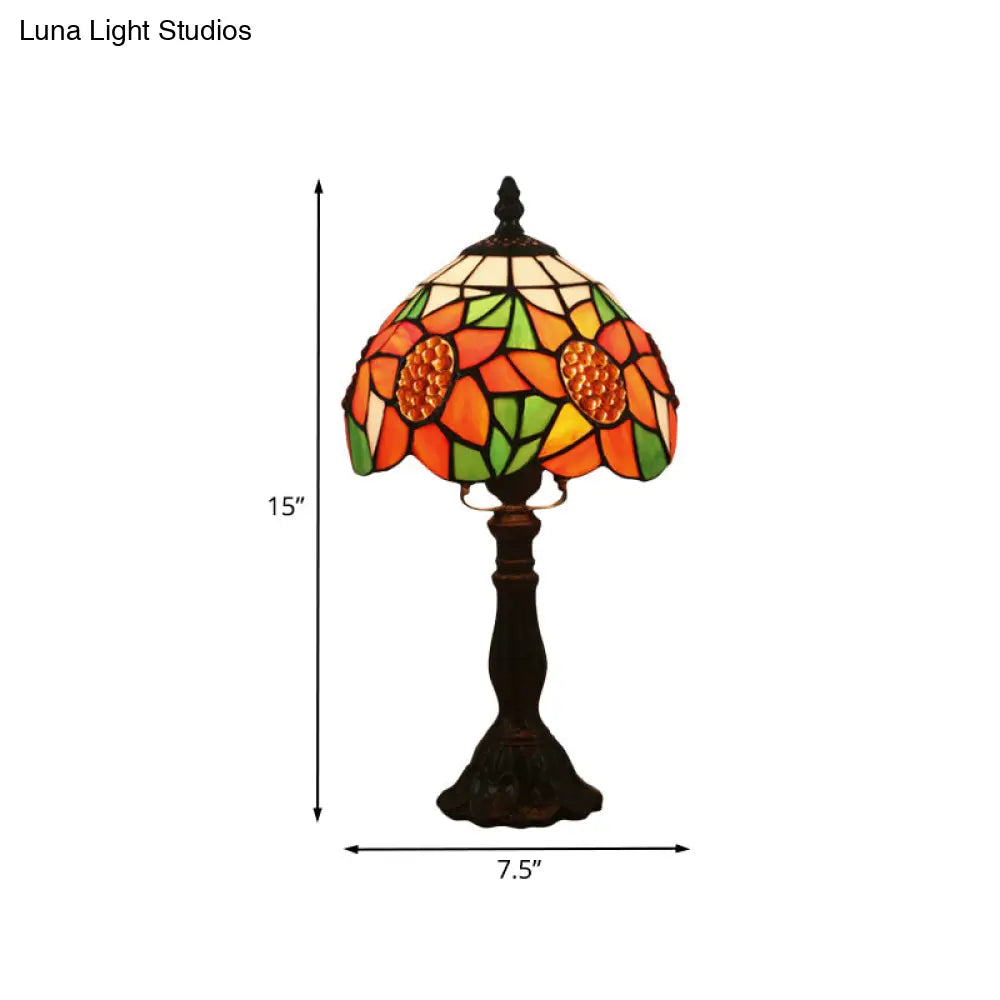 Mediterranean Bronze Sunflower Patterned Nightstand Light With Stained Glass Shade - 1 Bedroom Night