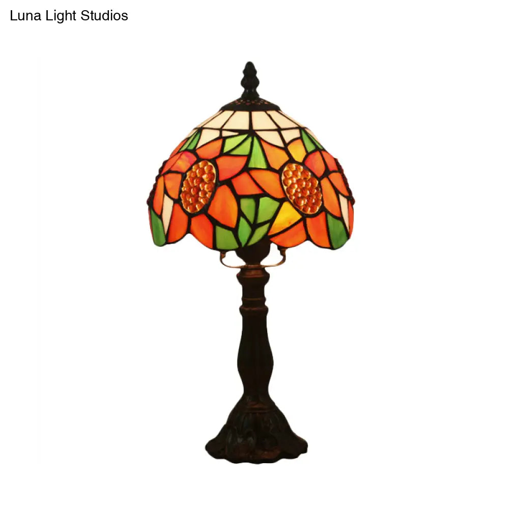 Mediterranean Bronze Sunflower Patterned Nightstand Light With Stained Glass Shade - 1 Bedroom Night