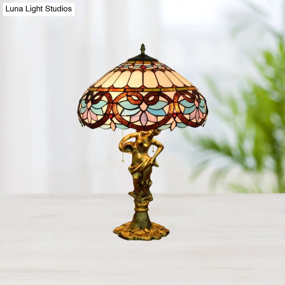 Mediterranean Cone/Dome Pull Chain Night Light With Stunning Glass Table Lighting