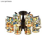 Mediterranean Cylinder Glass Ceiling Mount - Semi Flush Light (6/8 Lights) In Black For Living Room