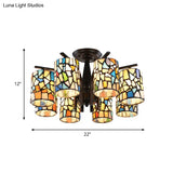 Mediterranean Cylinder Glass Ceiling Mount - Semi Flush Light (6/8 Lights) In Black For Living Room