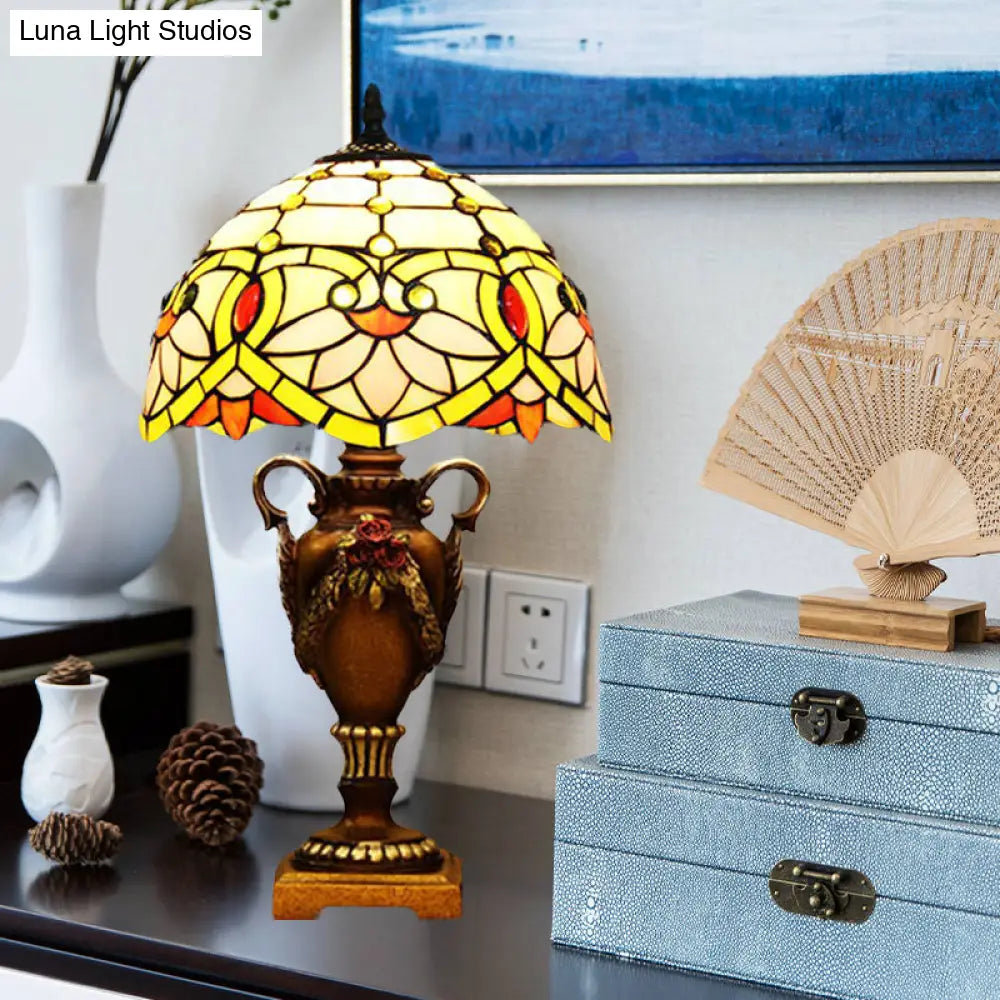 Mediterranean Desk Lamp: Hand-Cut Glass Blossom Pattern Night Light In Yellow/Green With Trophy Base