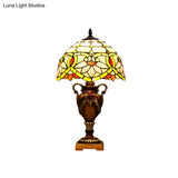 Mediterranean Desk Lamp: Hand-Cut Glass Blossom Pattern Night Light In Yellow/Green With Trophy Base