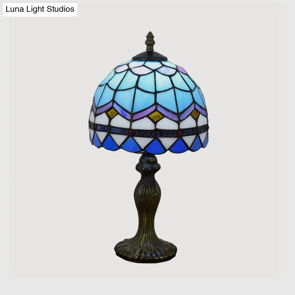 Mediterranean Dome Gridded Glass Table Lamp - Blue Nightstand Light For Living Room