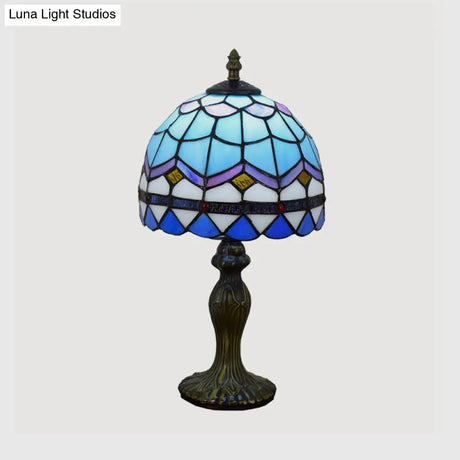 Mediterranean Dome Gridded Glass Table Lamp - Blue Nightstand Light For Living Room